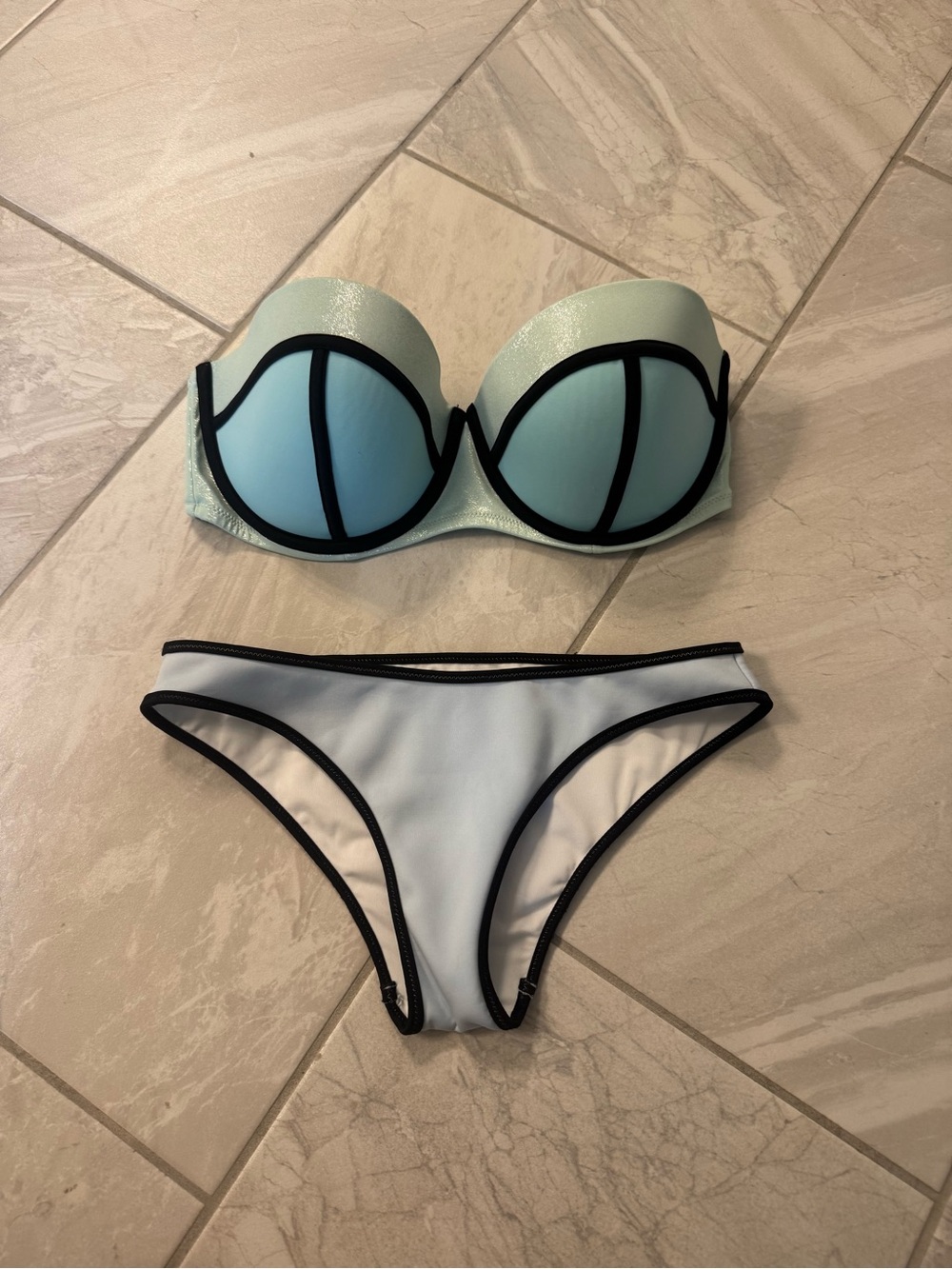 Strapless Mint Green Bikini Set with Black Trim